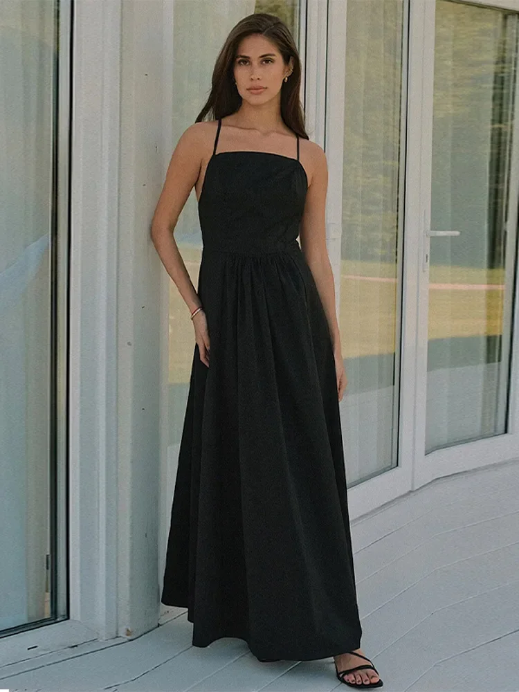 فستان نسائي أنيق بياقة مربعة وخصر متين بدون أكمام فستان طويل للسيدات موضة صيف 2025 رداء شاطئ جديد للسيدات #5