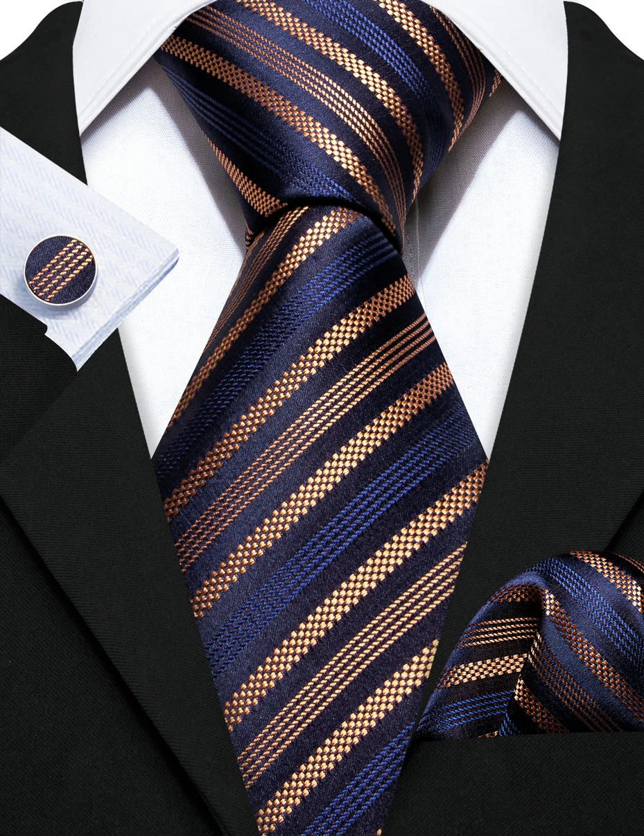 Designer Stripe Men Ties Navy Gold Retro Woven Neck-Tie Pocket Square Cufflinks Sets Wedding Gift Business Barry.Wang FA-6259