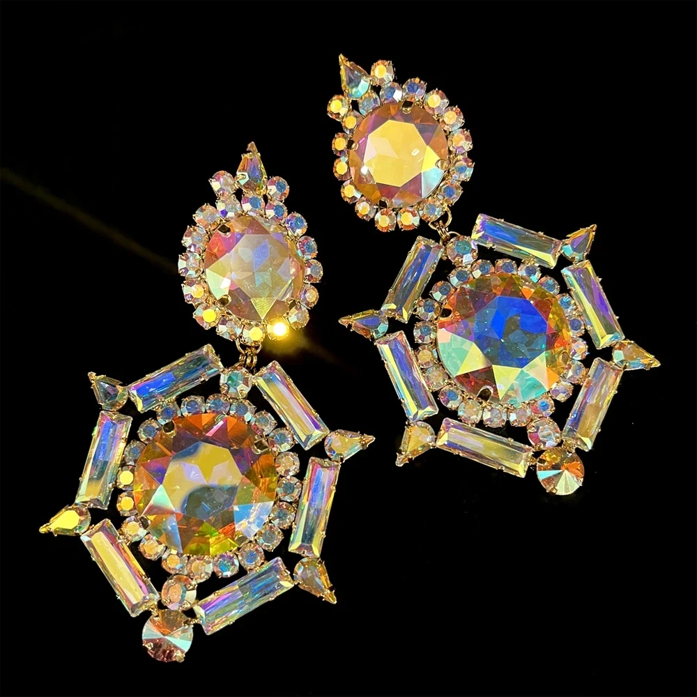 Stonefans AB Rhinestone Ear Clip Earrings for Women Statement Geometric Oversize Accessories Crystal Earrings Party Jewelry Gift