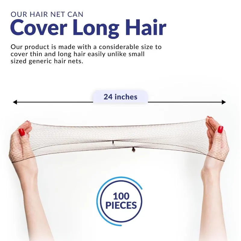 100Pcs 24 inches Invisible Nylon Hair Nets for Women and Men - Perfect for Hair Bun, Sleeping, & Kitchen Food Service - Brown