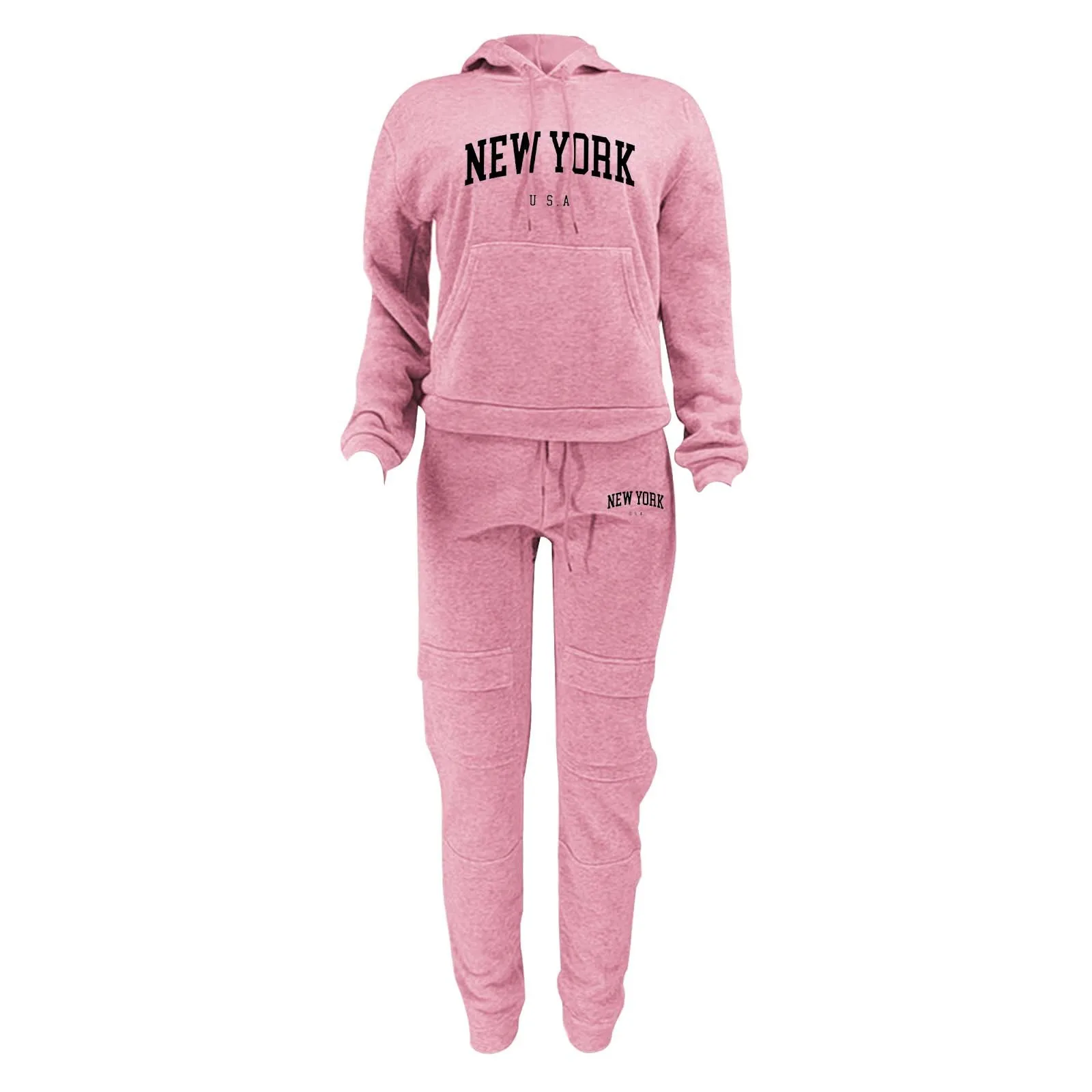 Autumn Winter Fashion Hooded Sweatshirt + Sweatpants Daily Casual Warm Letter Print Two Piece Sports Suit with Multiple Pockets