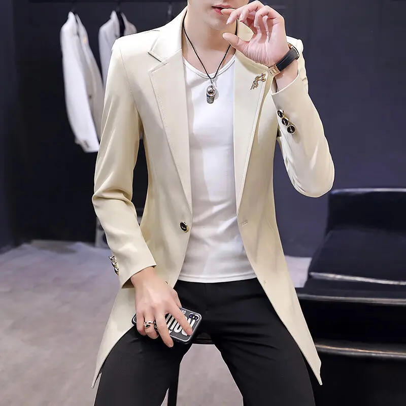 Spring Autumn Men's Long Blazer Korean Slim Casual Business Suit Jacket Trendy Versatile Dress Coats Social Party Men Clothing