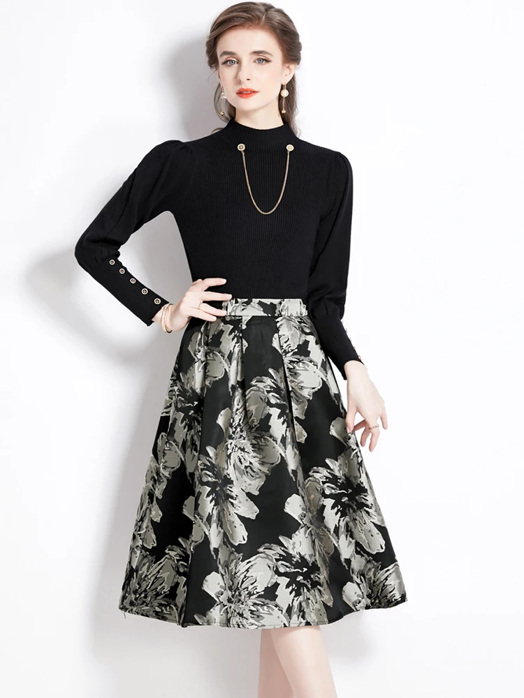 

New Autumn Winter Clothing Casual Two Piece Sets Women Chain Knitting Sweater + High Waist Jacquard A Line Skirts Sets Female