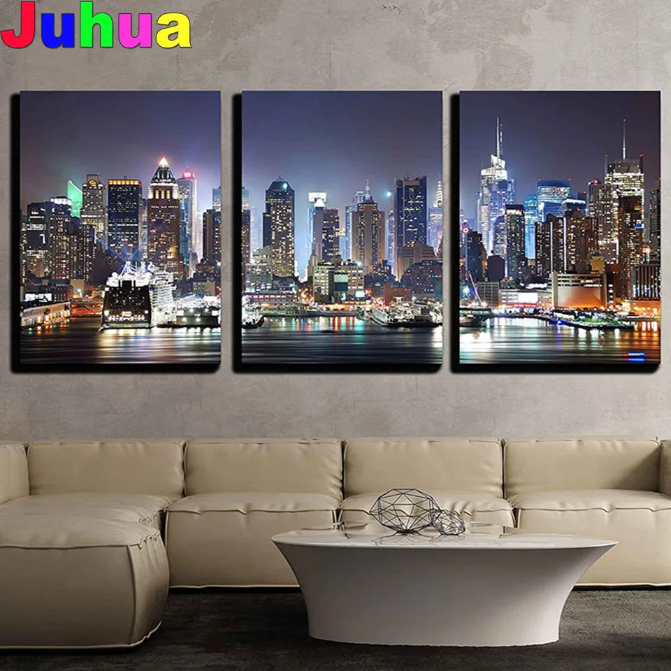 New York city night Diamond Painting Cross Stitch Full Square round drill 5D DIY Diamond embroidery Rhinestone Mosaic Triptych