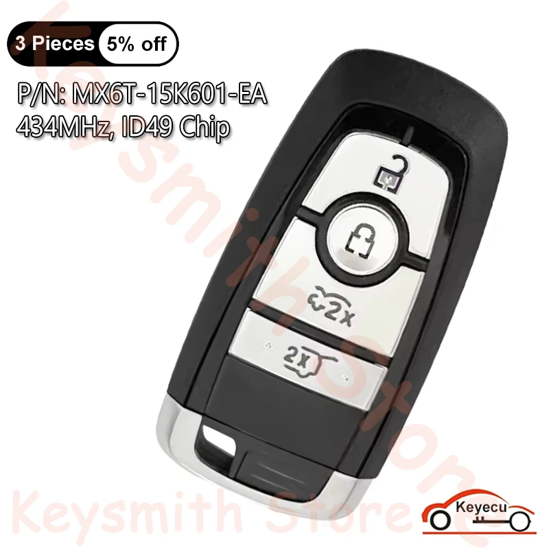KEYECU 4 Buttons 434MHz ID49 Chip for Ford Mustang Mach-E 2020 2021-2023 OEM Smart Remote Key Fob A3C1028270000, MX6T-15K601-EA