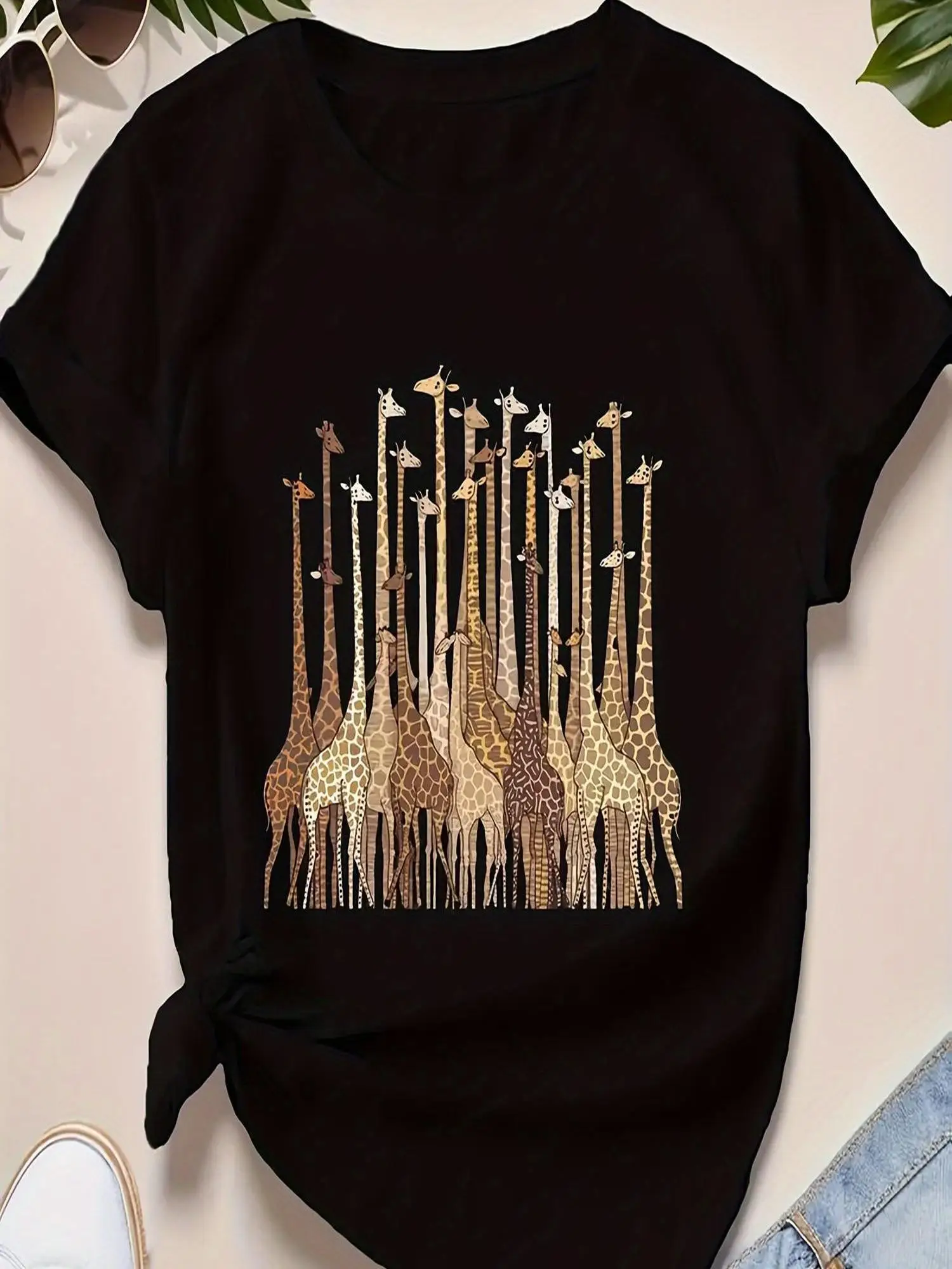 Ladies Black T-Shirt with Gold Giraffe Print - Casual Short Sleeve Crew Neck T-Shirt, Machine Washable Four Seasons Comfortable, 180gsm Light and Thin Fabric, Suitable for Casual Dress, Comfortable T-Shirt | Giraffe Printed Top | Machine Washable Fabric