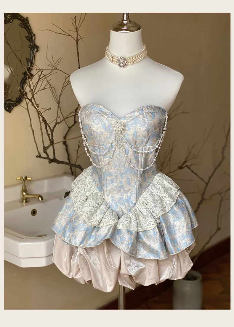 Sweet Elegance Retro Jacquard Strapless ชุดผู้หญิง Lolita น่ารักจี้มุก SLIM FIT Patchwork ชุดมินิเซ็กซี่ 2025