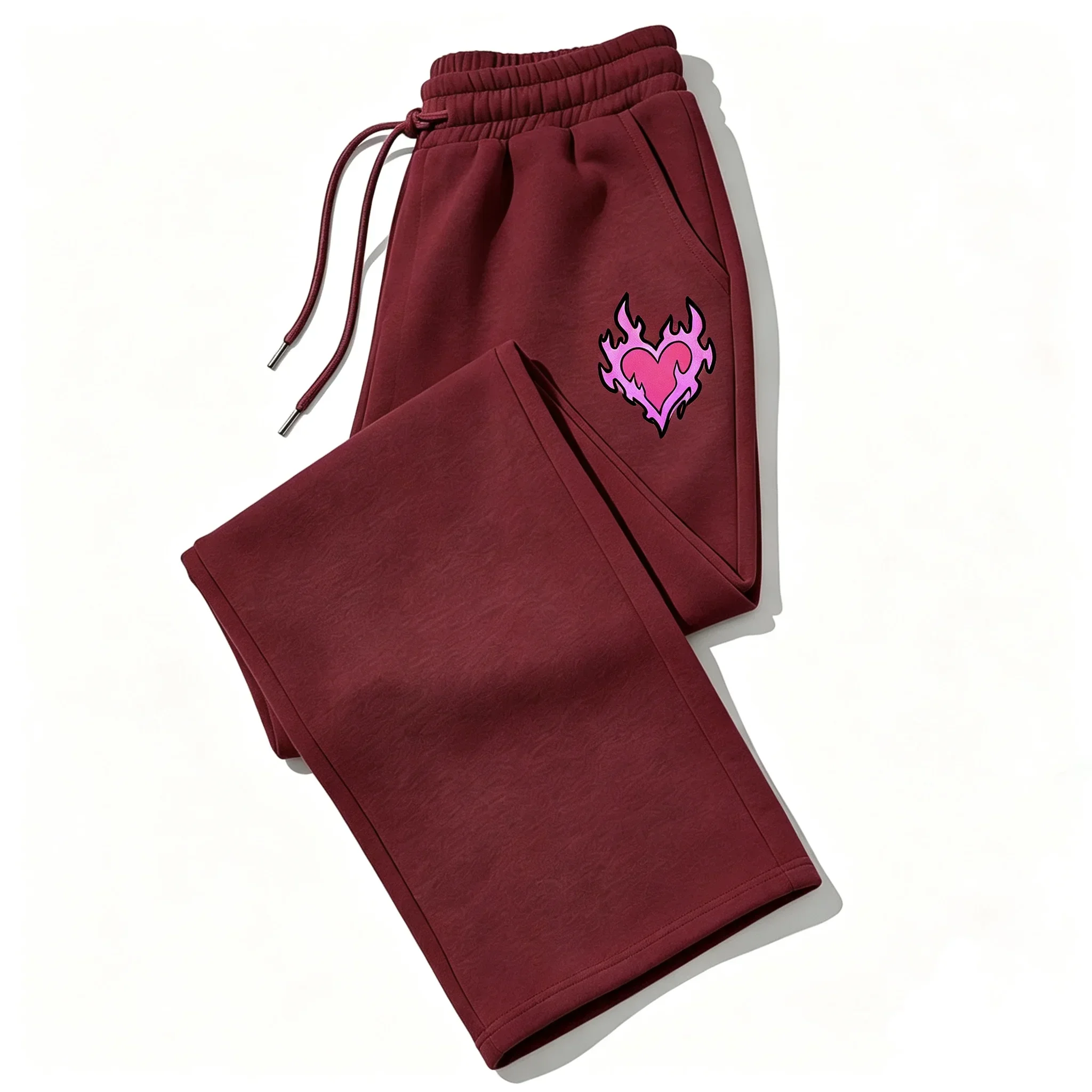 Women's loose straight-leg workout pants - Best-selling flame heart print - Elastic drawstring design - Casual jogging pants