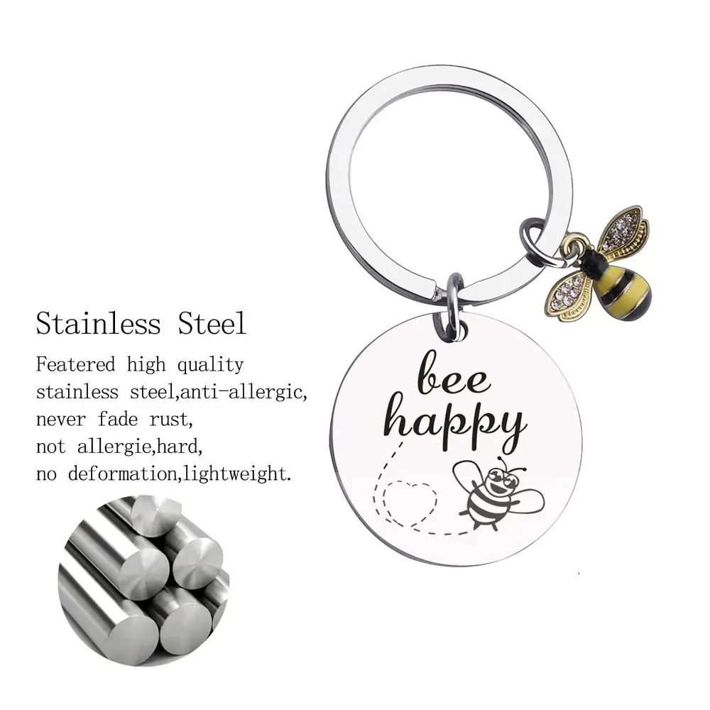 Metal Bee Happy Key Chain with Letters DIY Stainless Steel Key Ring Durable Popular Letters Round Pendants Inspirational Gift