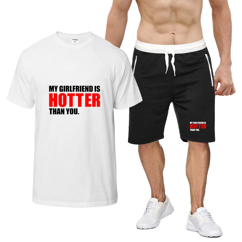 My Girlfriend Is Hotter Than You Print 2026 New Men Summer Nine Color Short-sleeved Set Simple Tops + Shorts Sports Suit