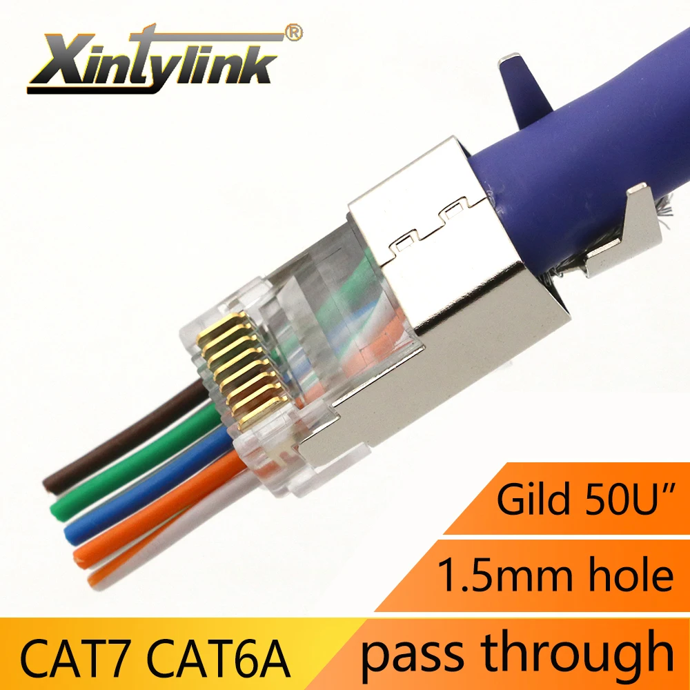 Xintylink CAT7 RJ45 Connector 50U CAT6A Ends Ethernet Cable Plug Network 10G SFTP FTP Shielded LAN Jack Pass Through 1.5MM Hole