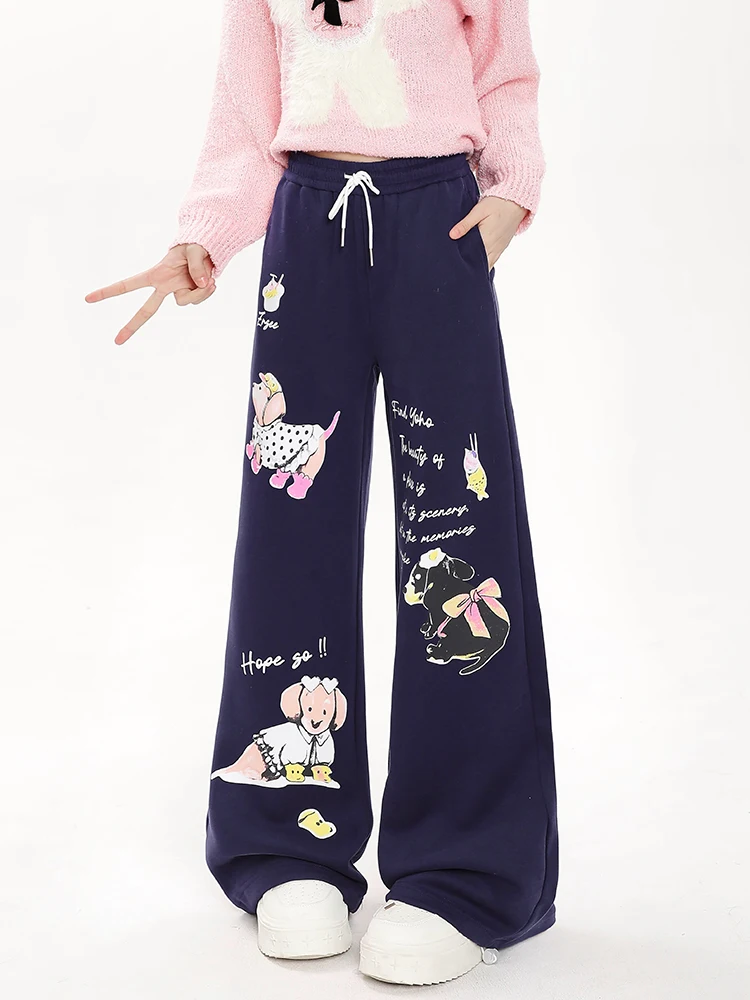 American Highstreet Sweet Cool Lace-up Elastic High Waist Wide-leg Pants Cartoon Print Loose Straight Sweatpants Women Winter