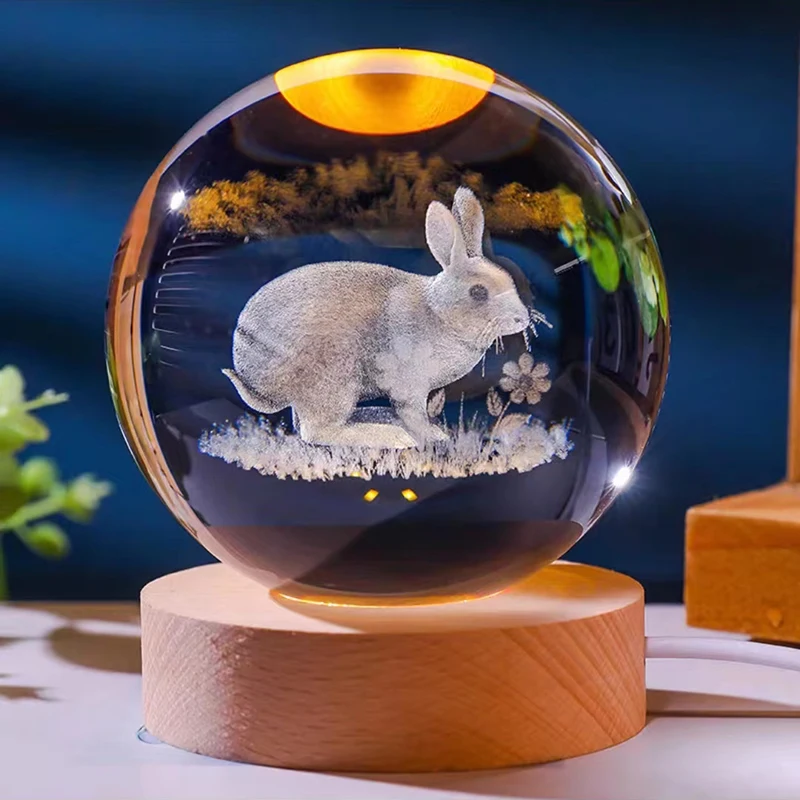 Chinese Zodiac 3D Laser Engraved Crystal Ball Dragon Tiger Animal Model Figurines Night Lamp Home Desktop Decoration