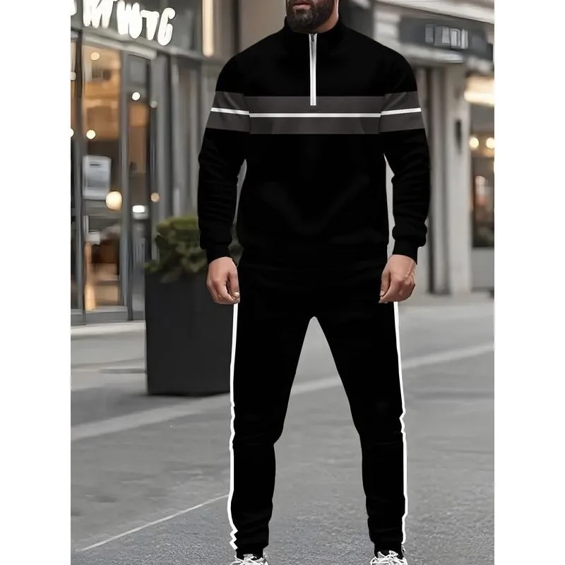 

3D Print Zip Hoodie Set Casual Sportswear Outfit Printed Sweatshirt And Pants Ensemble for Men Seven Sleeve Longueur