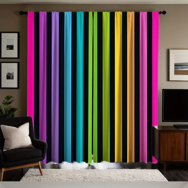 

2pcs Vibrant Rainbow Striped Printed Curtains, Designed for Light Filtering, Quality Material, Ideal for Lively Home Window Deco