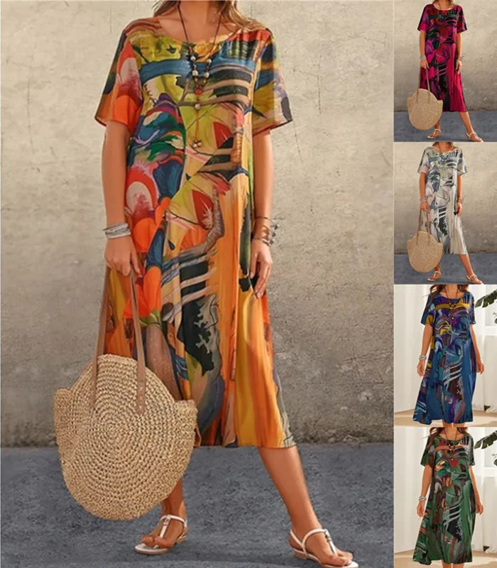 Nuovo abito estivo 2025 per donna abito di grandi dimensioni casual manica corta Boho stampa vintage abito lungo maxi spiaggia abbigliamento donna