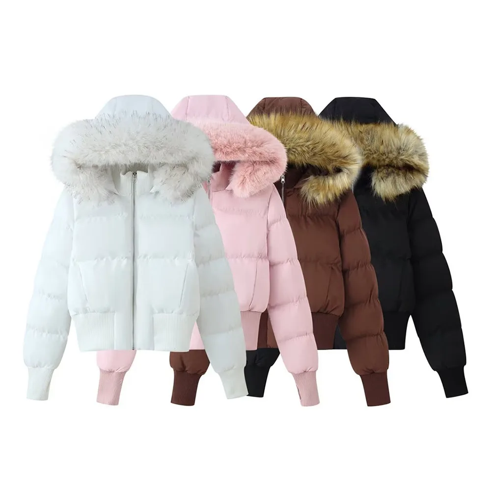 

Winter new women's commuting style fashionable and versatile short style fur collar hooded long sleeved cotton jacket