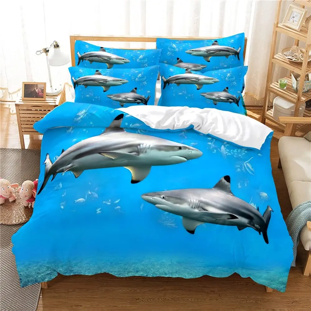 Shark Duvet Cover Set 3D Shark Jumping From Ocean Big Open Mouth Print Twin Bedding Set Double Queen King Polyester Quilt Cover