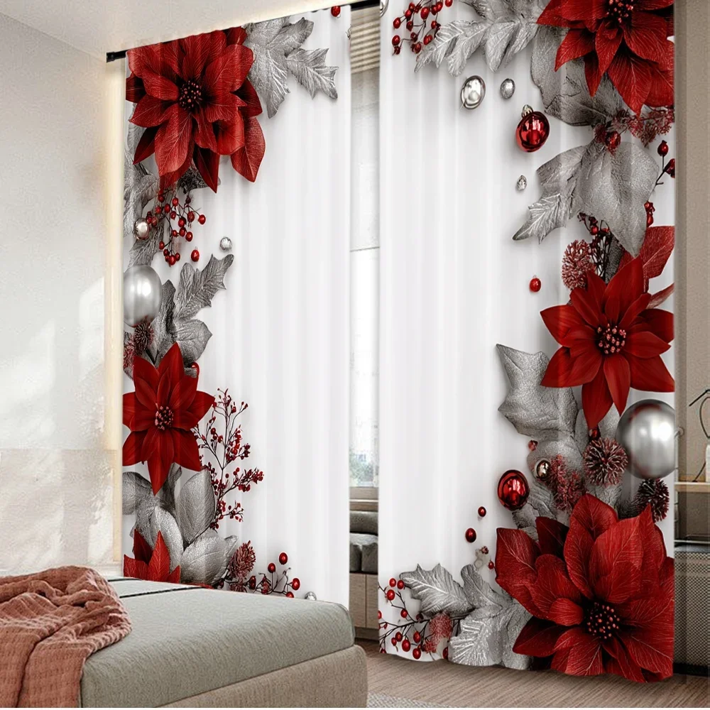 

2D flat printing 2pcs Window Drapes Christmas Floral Frame Digital Printed Polyester Drapes Party Decorations Use for Festive