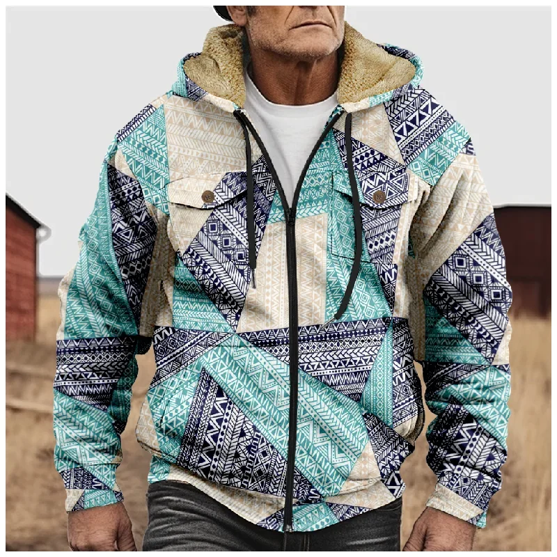 Winter Long Sleeve Fleece Warm Jacket Retro Men Western Printed Cotton Zipper Outerwear Man Drawstring Zipper Hoodies Sweatshirt