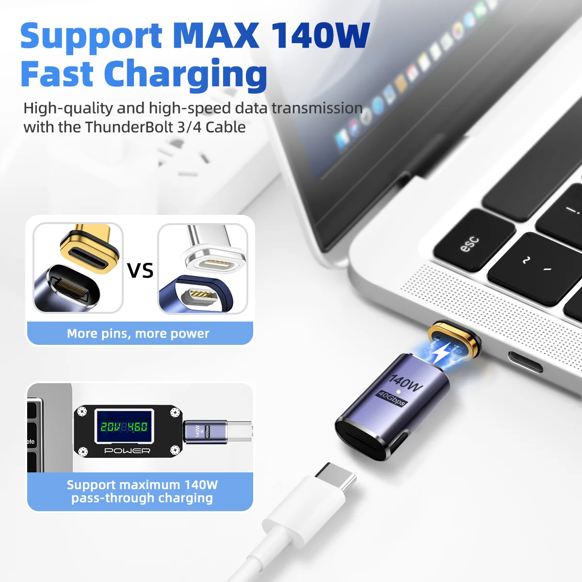 Thunderbolt3 마그네틱 USB C 타입 어댑터, 고속 충전 자석 충전 컨버터 케이블, USB-C 어댑터, 140W, 40Gbps, 8K @ 60Hz, USB4.0