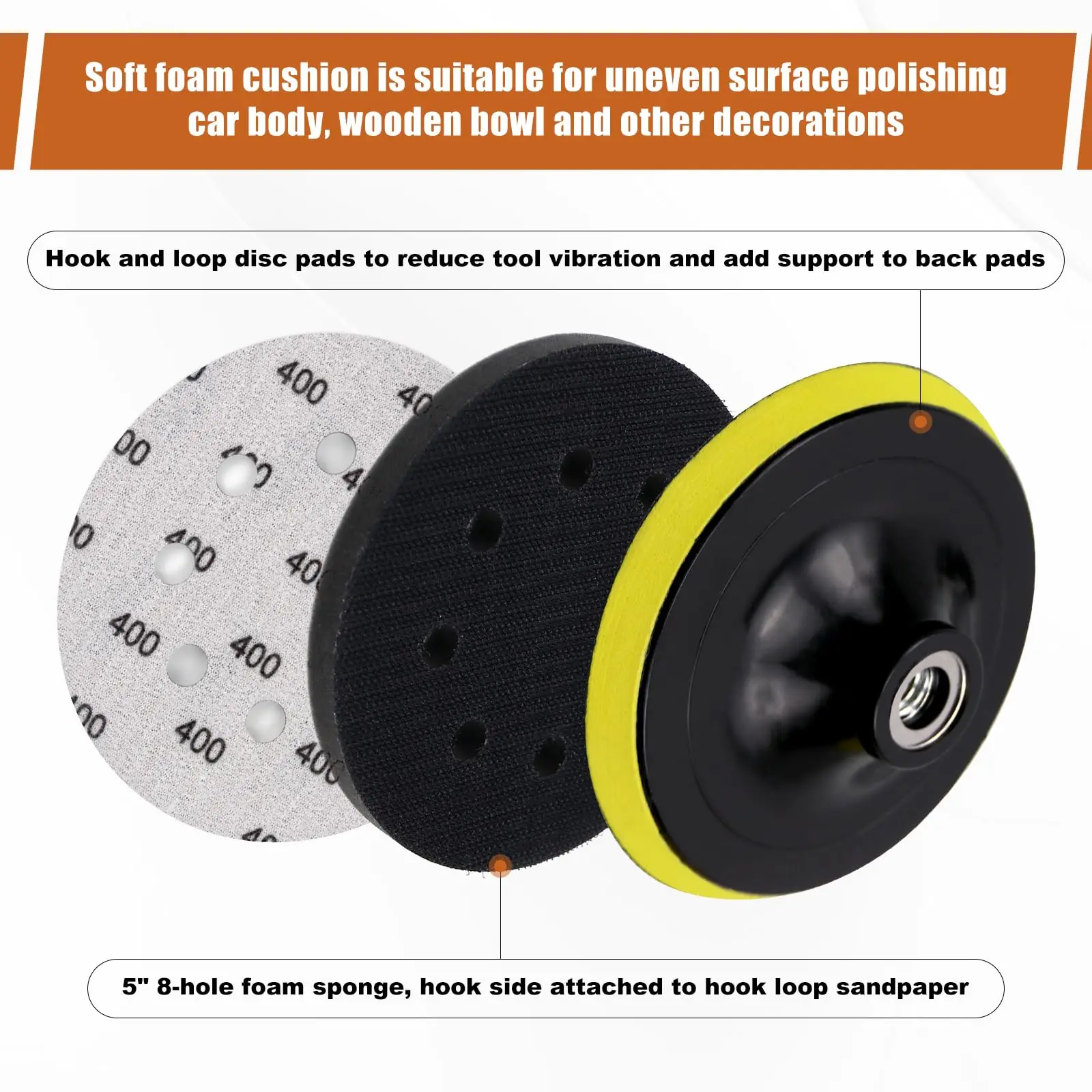 5 Inch 8 Holes Wet and Dry Sandpaper Kit 54 Pcs 100-10000 Grit with M10 Backing Pad Hook Loop Soft Foam Buffering Pad for Wood