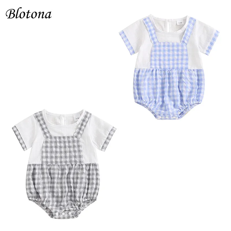 

Blotona Baby Boys Girls Romper Classic Plaid Print Short Sleeve Crew Neck Patchwork Bodysuit Summer Casual Playsuit 0-18M