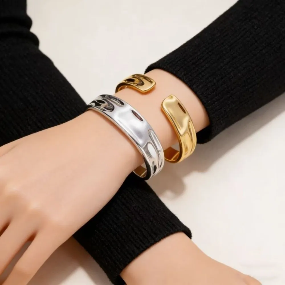 New Irregular Open Cuff Bracelets Gold Silver Color Punk Geometric Bangles Wrinkle Smooth Metal Bracelets Gifts