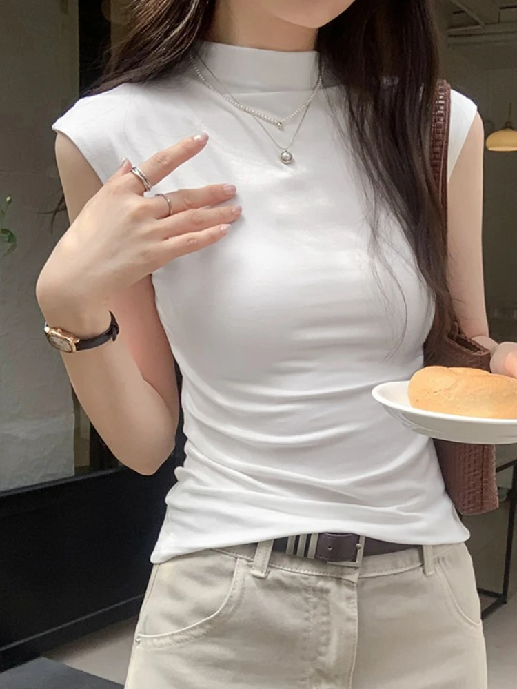 American Streetwear Minimalist Turtleneck Tee Retro Sweet Spicy Sleeveless Women T-shirt 2026 Summer Slim Waist Cinched Tops