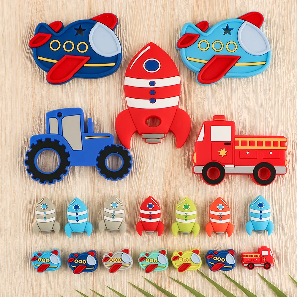 Sunrony Cartoon Airplane Tractor Rocket Silicone Bead Pendants DIY Pacifier Chain Accessories Components For Jewelry Making