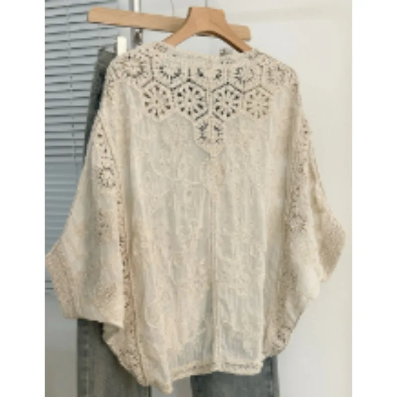 Fashion Vintage Blouses Loose Solid Color Hook Flower Hollow Top V Neck Summer Casual Loose Design Women Clothing 2026