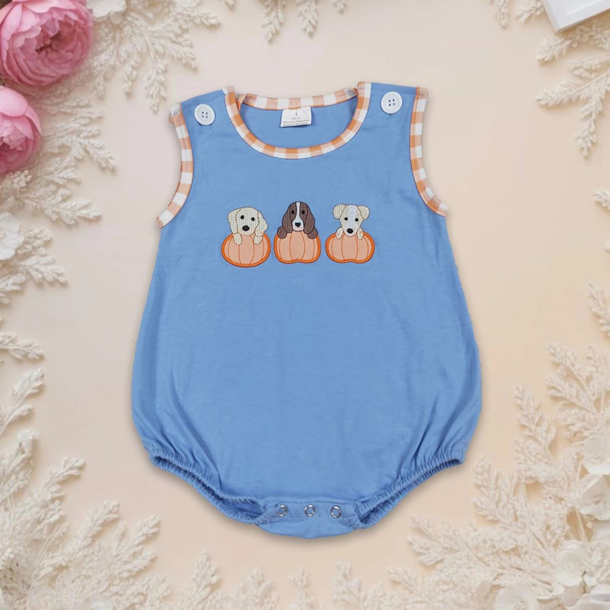 Baby Boy Newborn Infant Toddler Kids Sleeveless Blue Romper Embroidery Dogs Pumpkins Fall Clothing Cute Adorable New Arrival