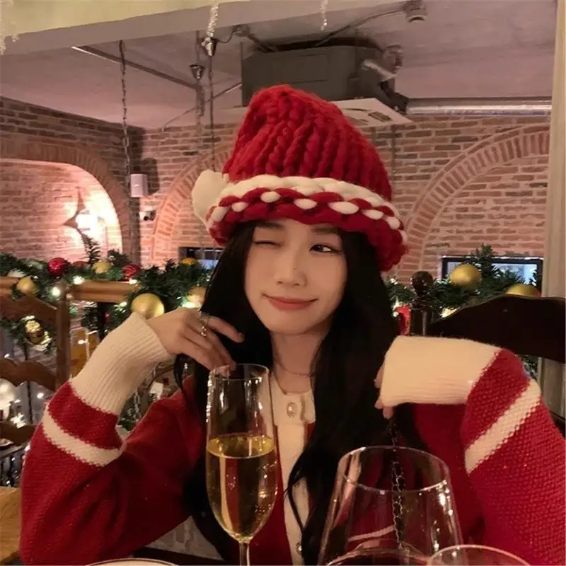 Gorro de Papá Noel bonito y moderno para mujer, gorro de punto grueso de invierno, gorro de punto rojo grueso y cálido para vacaciones