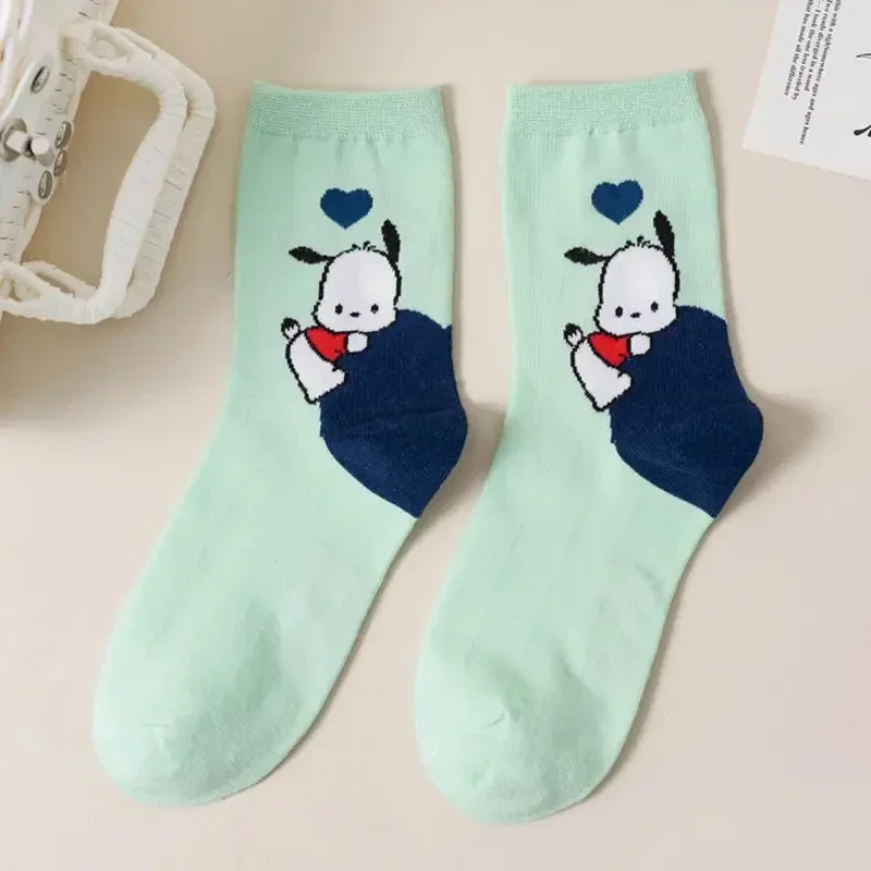 Chaussettes mi-mollet de dessin animé pour femmes, Sanurgente Pochacco, Kawaii, Anime Student, Confortable, Garder au chaud, Protéger les pieds, Jouets pour filles, Cadeaux, 5 paires