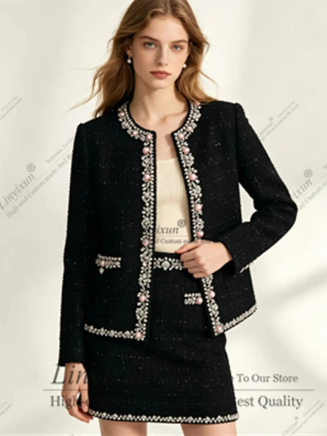 Sweet Pearl Checkered Tweed Women's Suit Set 2 Piece Short skirt Single Breasted Casual Business Office Outfit Customized view 2