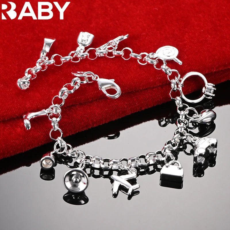 

URBABY 925 Sterling Silver Bracelet For Women Lollipop Airplane Shoes Car Whale Pendant Chain Bracelets Fashion Jewelry Gift