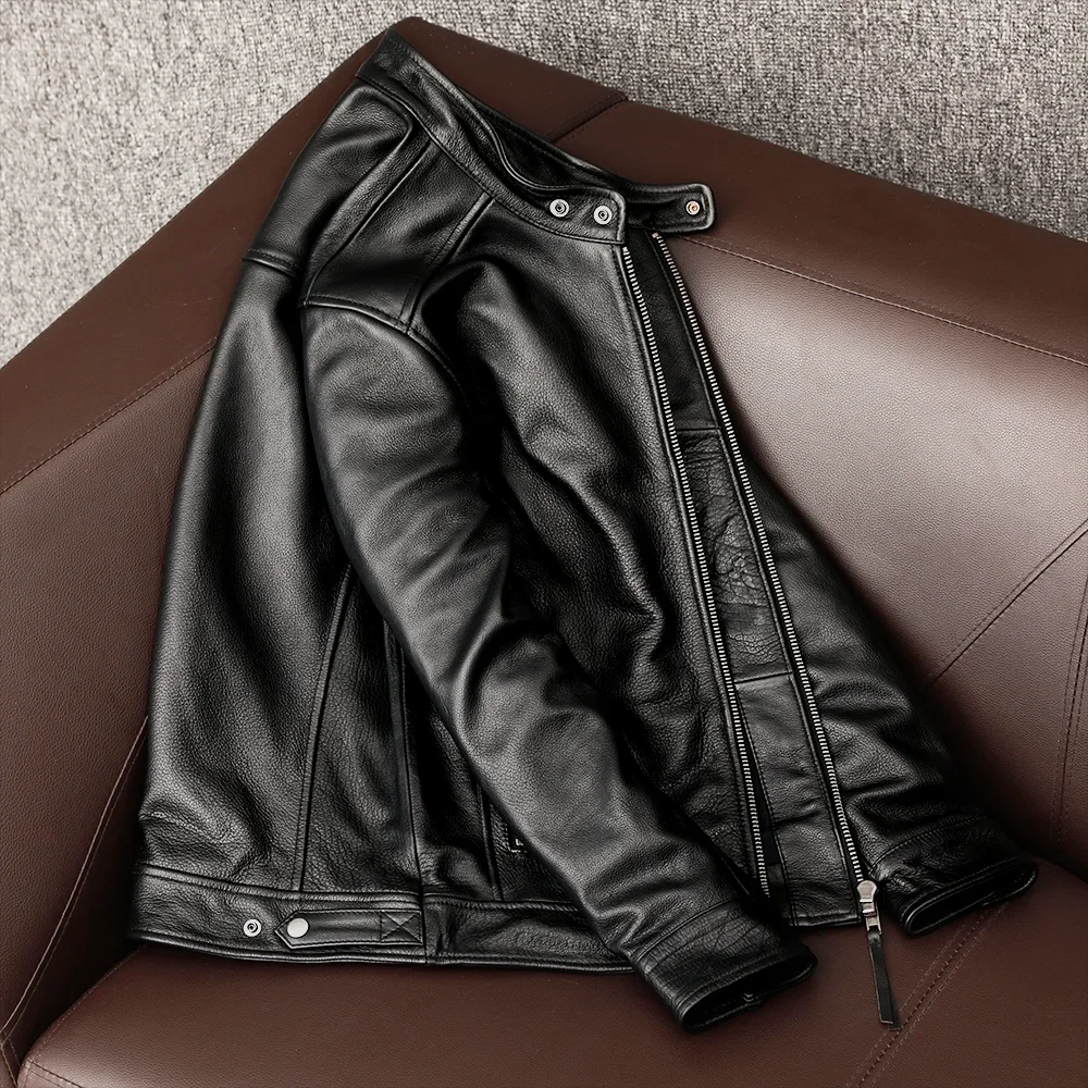 New trendy pure top layer soft cowhide genuine leather jacket men\'s slim-fit stand-up collar leather jacket coat