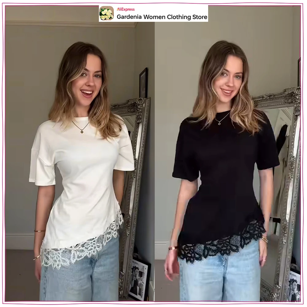 

Elegant Heavy Cotton Lace T-shirts for Women Slim Fit Round Neck & Short Sleeve Tees with Asymmetric Hem and Tonal Lace Appliqué