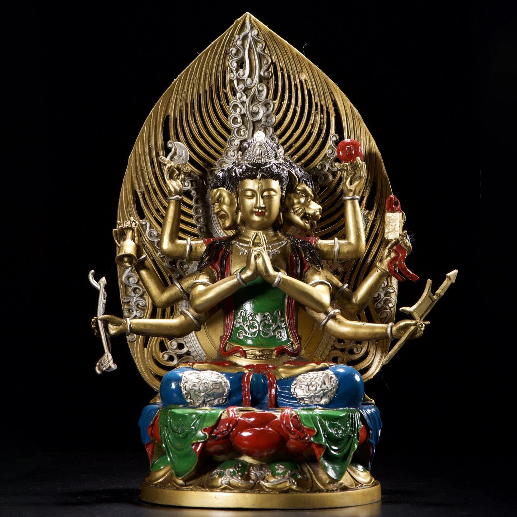 Brass Painted Gold Eight Armed Doumu Goddess Statue Home Altar Desktop Vintage Decor