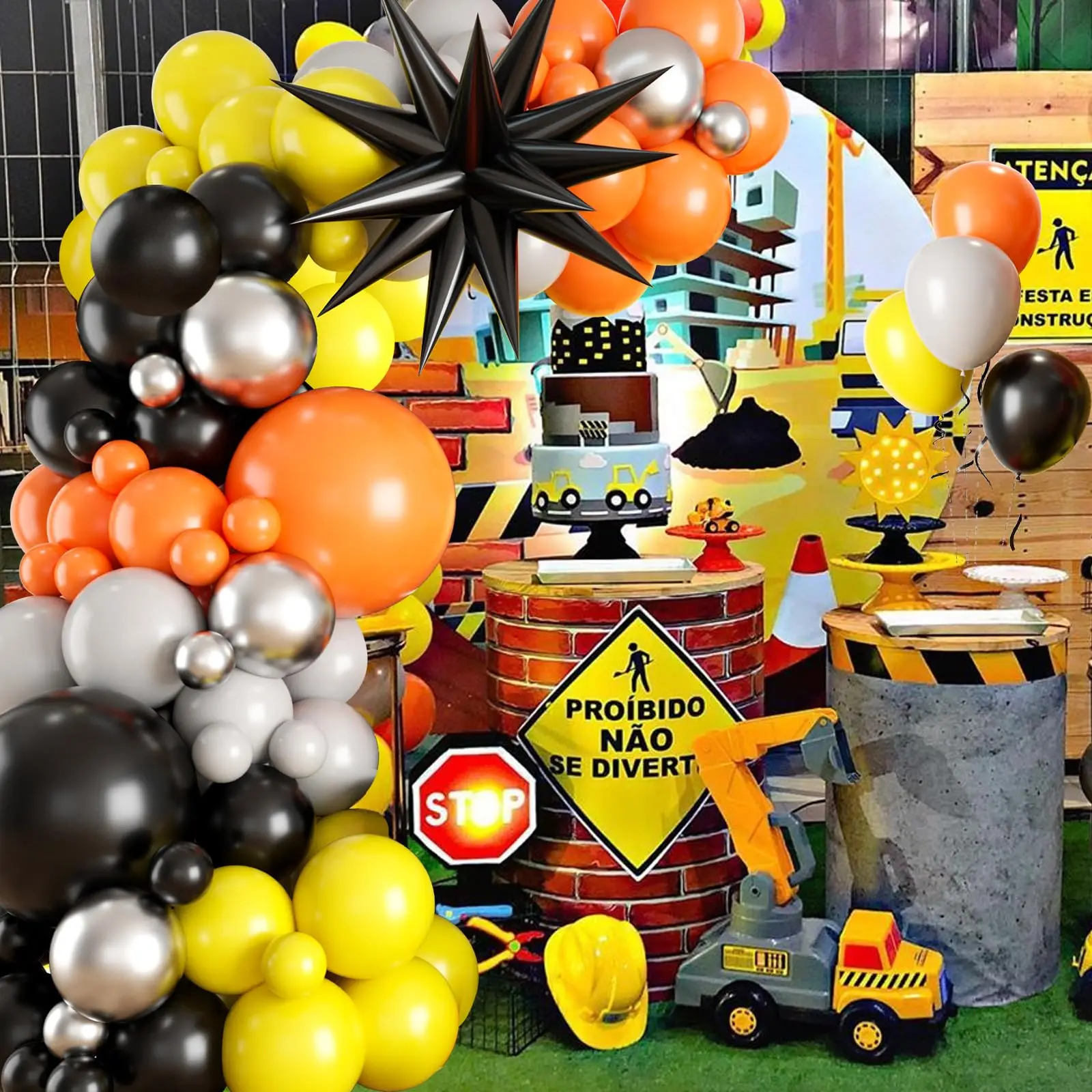 126PCS Orange Black Yellow Silver Construction Party Balloon Garland Kit for Kids Birthday Baby Shower Party Decoration Supply