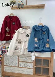 Vintage Embroidery Lamb Wool Cotton Jacket Winter Japanese Mori Lace-up Peter Pan Collar Kawaii Parka Casual Loose Padded Coat