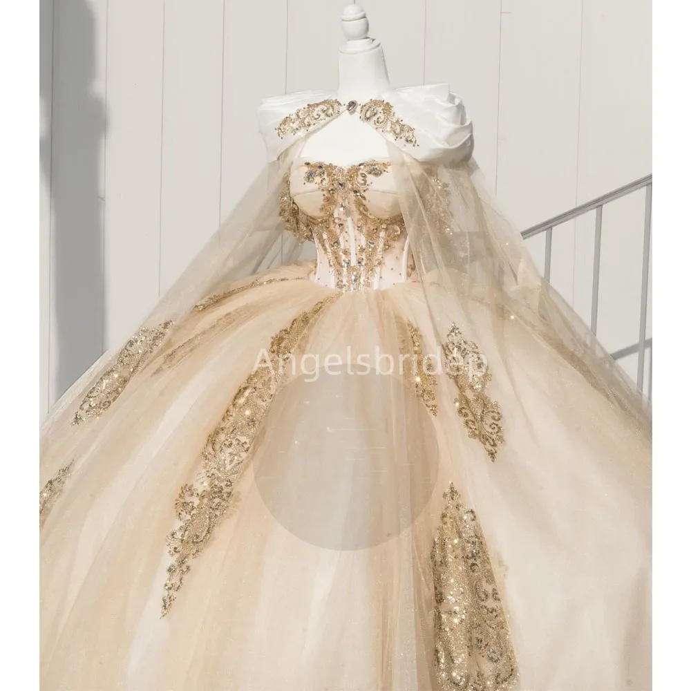 Angelsbridep Customized Shiny Champagne Tulle Princess Quinceanera Dress Ball Gown Gold Appliques Sweet 16 Vestido 15 De Años