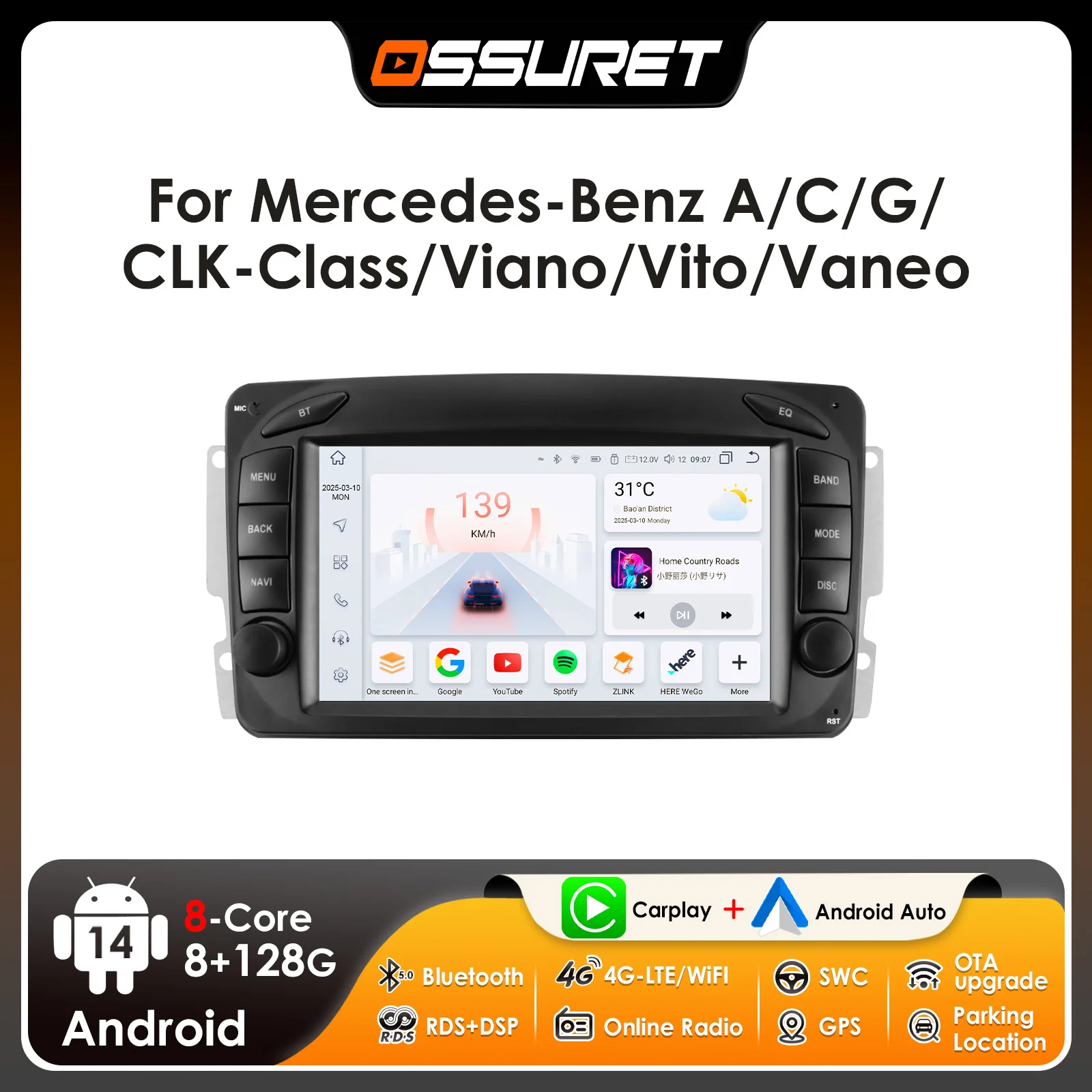 

Автомагнитола Ossuret, 2 Din, Android 12, стерео, мультимедийный GPS-навигатор для Mercedes Benz CLK W209 W203 W463 W208, GPS, RDS, BT, DSP, Carplay