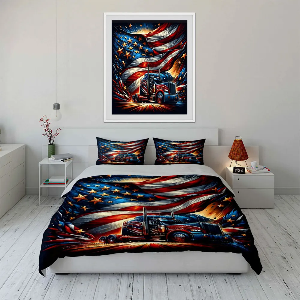 American flag and truck artwork Pattern Duvet Cover Set Digital Print Colorful Polyester Bedding with Zipper Closur for gifts