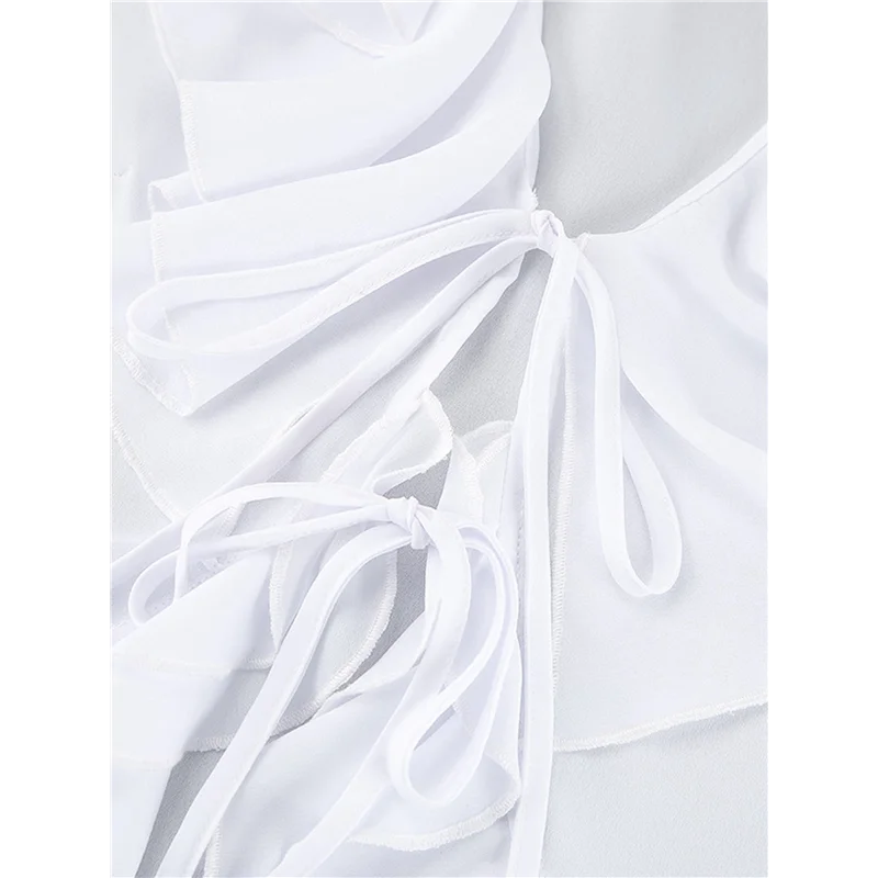 Tops con lazo frontal para mujer, blusa de manga larga con volantes y campana de malla transparente, Top corto