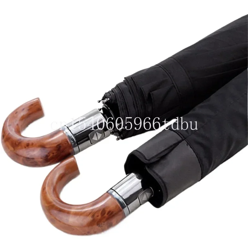 Automatic elephant umbrella, leather imitation wooden handle, ten bones, pure black, automatic three-folding umbrella