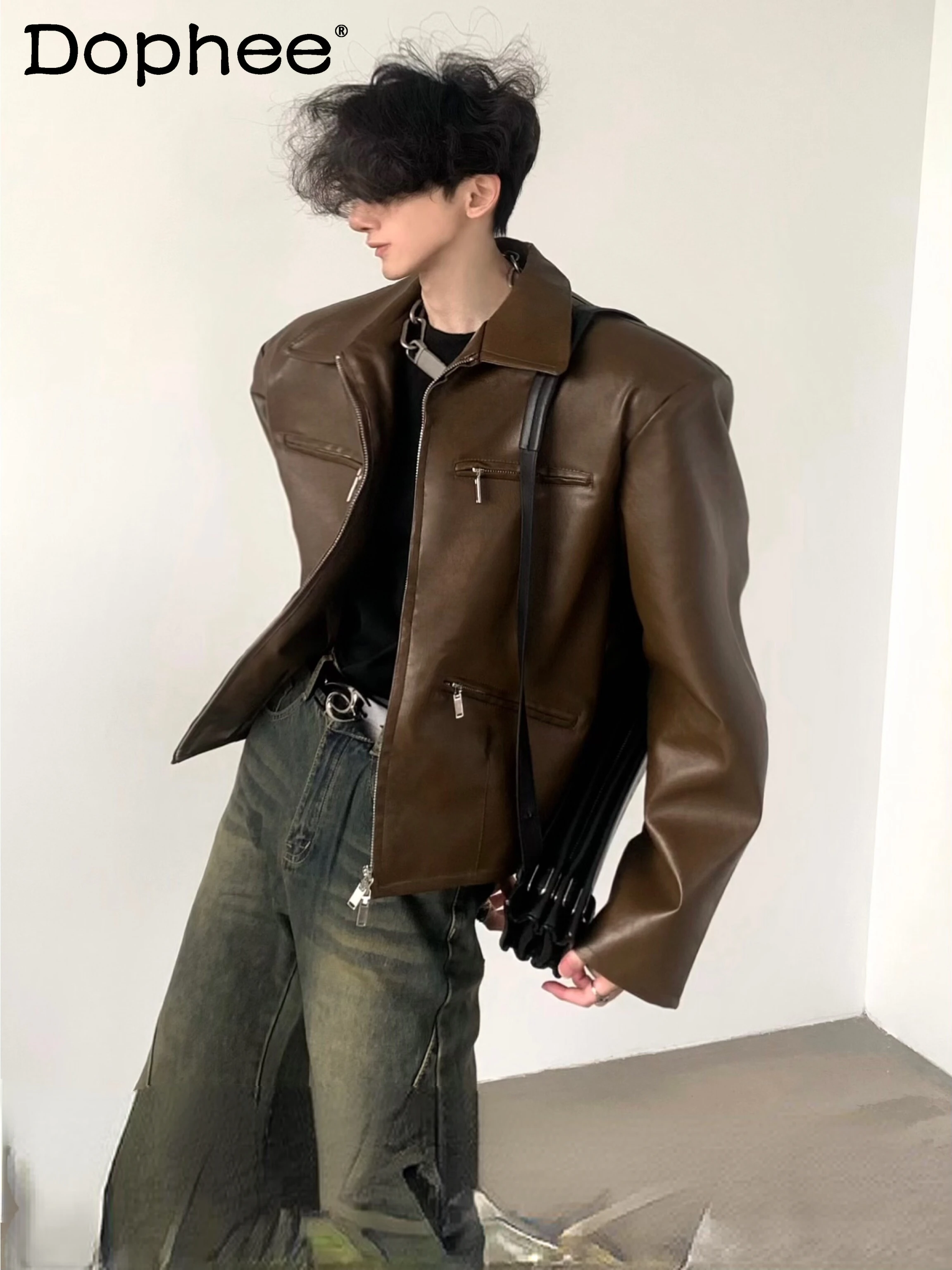 

Fashion American Style Retro Design Coats Solid Color Zipper Leather Jacket Men's High-end Trendy Short Shoulder Padded Jackets