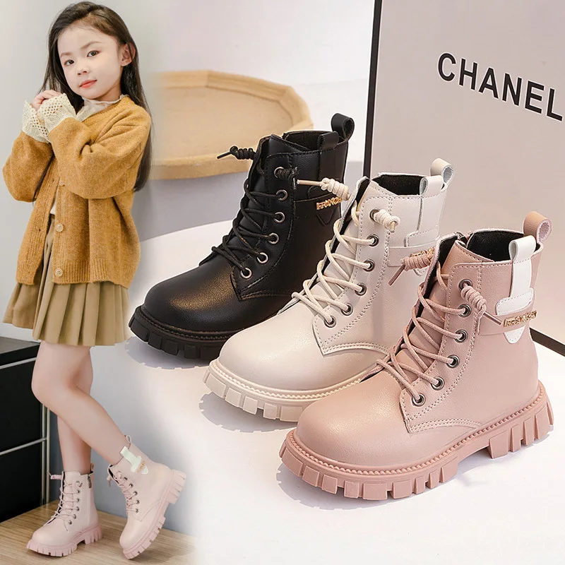 Children Fashion Boots for Girls Solid Color Versatile Non-slip Cool Britain Side Zipper Non-slip Autumn Winter Children Boots