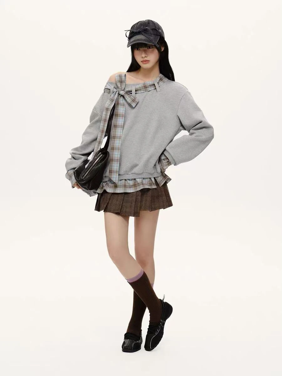 เสื้อสเวตเตอร์ทรงหลวมสไตล์เรโทร ลายสก็อต ดีไซน์ผูกปม ขนาดใหญ่พิเศษ 300 ปอนด์ แฟชั่นเกาหลี สำหรับฤดูใบไม้ร่วง