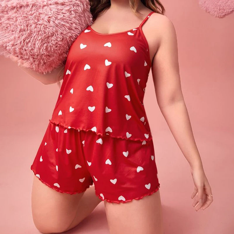 Plus-Size XL-5XL Women Pajama Set Nightgowns Cami Shorts Nightclothes  Sleeveless Nightwear Red Love Print Soft Sleepwear Summer